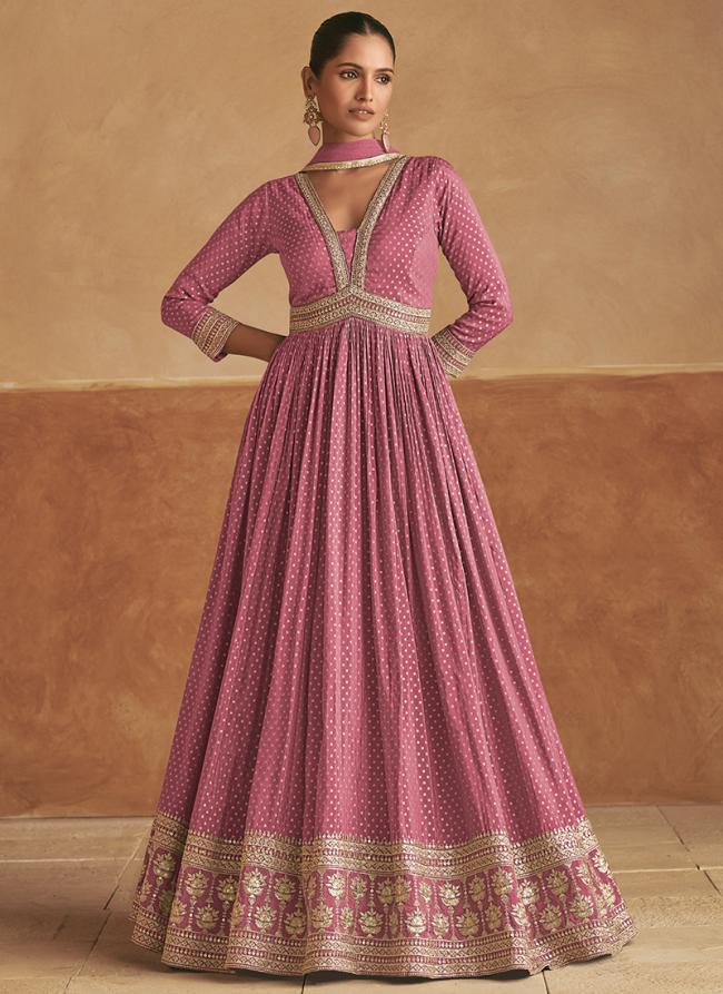 Pure Viscose Silk Pink Wedding Wear Embroidery Work Readymade Gown With Dupatta